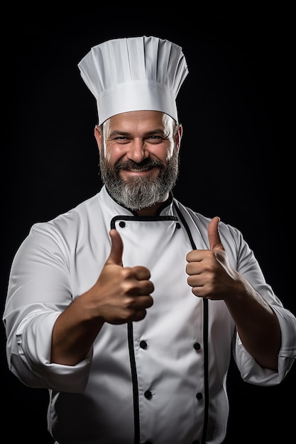 Young Handsome Chef with thumb up over black background