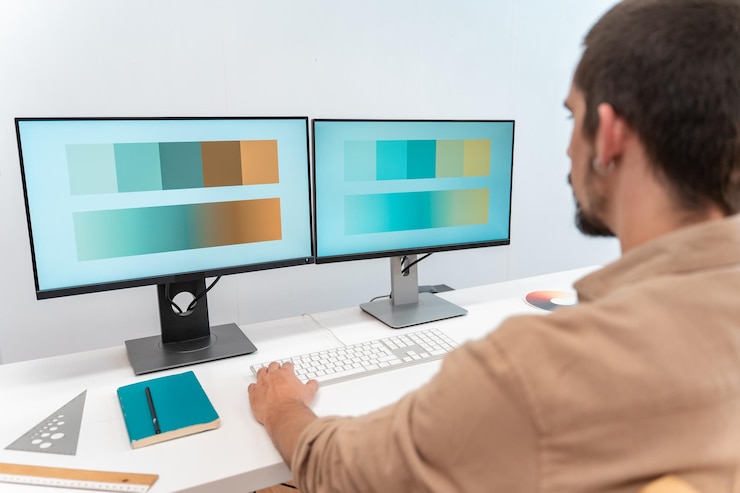Photo young handsome creative designer entrepreneur male working from home on desktop computer