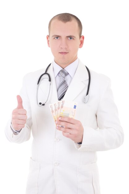 Young handsome doctor with euro banknotes thumbs up isolated on white background