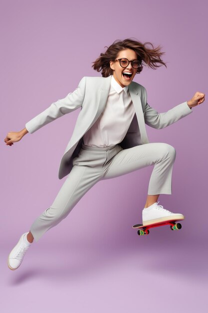 カラースタジオの背景にライトグレーのスーツとスニーカーを着てスケートボードでジャンプする眼鏡をかけた若いハンサムな面白い女性