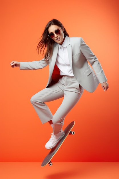 Young handsome funny woman with glasses wearing light grey suit and sneakers jumping with the skateboard on color studio background