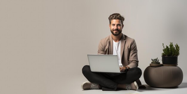 Photo a young handsome guy with a laptop sits crosslegged high quality photo