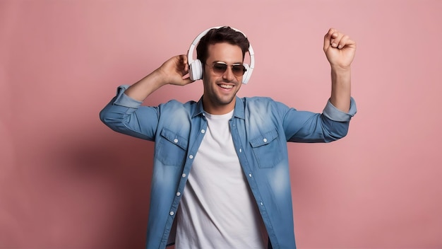 Young handsome happy smiling man dancing and listening to music in headphones isolated on white stu