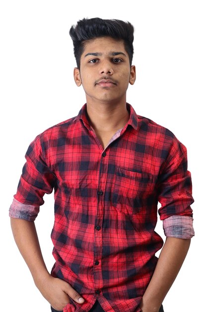 Young handsome indian stand on on white background.