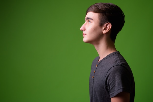 Foto giovane adolescente iraniano bello contro il verde