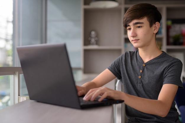 Young handsome Iranian teenage boy relaxing at home