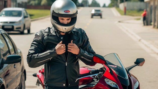 Young handsome man buttoning helmet standing near his motorbike