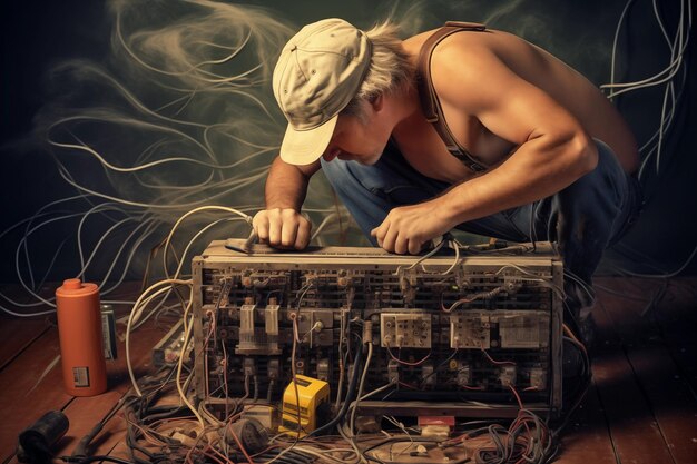 帽子と青いオーバーオールを着たハンサムな若い男性が古いコンピュータを修理しています