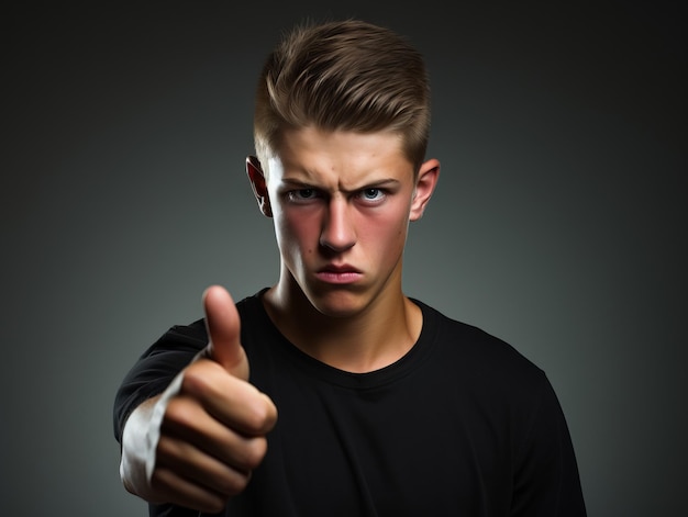 Young handsome man emotional gestures on solid background