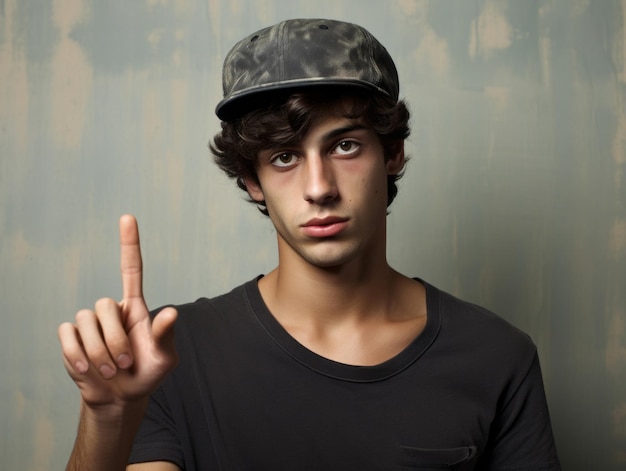 Young handsome man emotional gestures on solid background