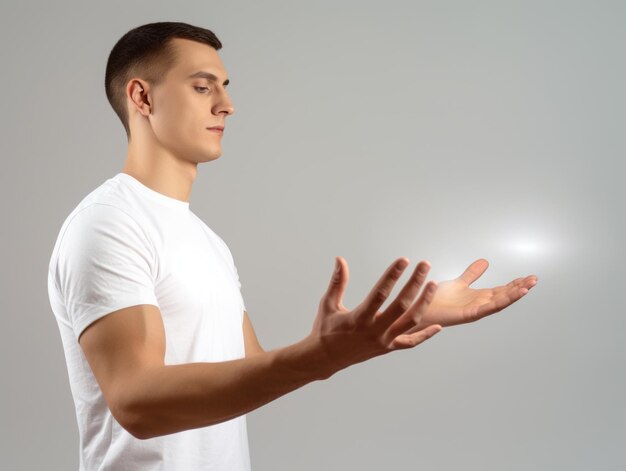 Young handsome man emotional gestures on solid background