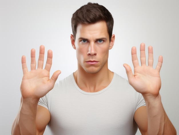 Young handsome man emotional gestures on solid background