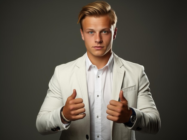 Young handsome man emotional gestures on solid background