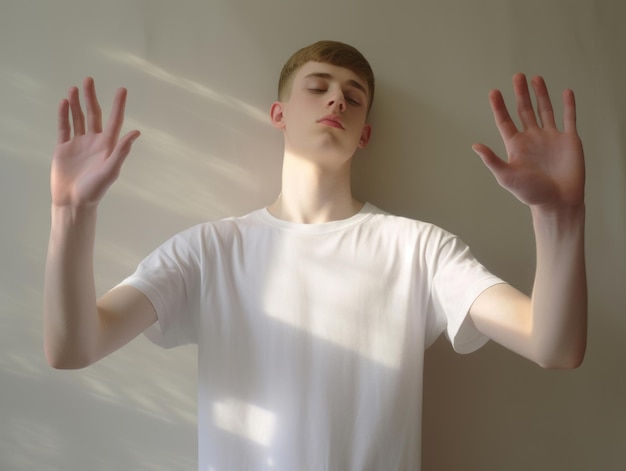 Young handsome man emotional gestures on solid background