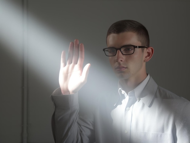 Young handsome man emotional gestures on solid background