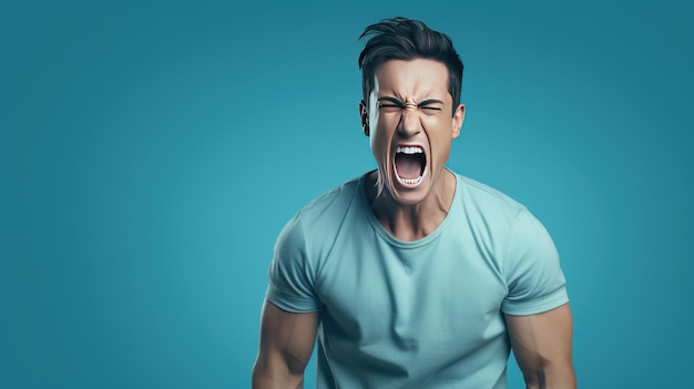 Young handsome man feeling angry pose isolated on pastel blue color background with copy space