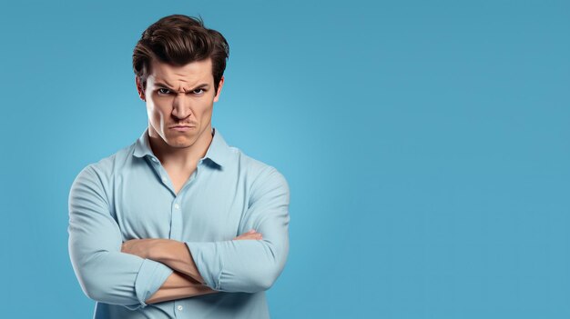 Young handsome man feeling angry pose isolated on pastel blue color background with copy space