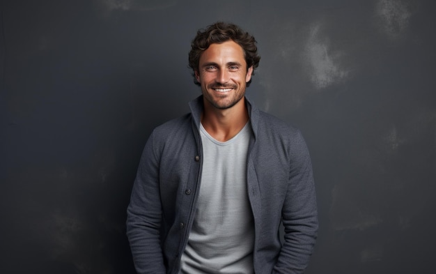 Photo young handsome man on gray background gazing