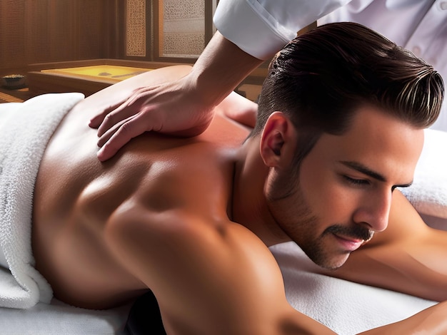 Young handsome man having back massage in spa salon