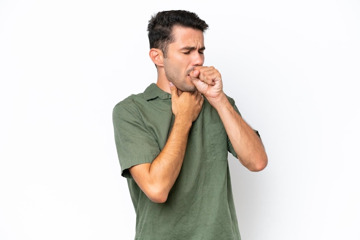 Photo young handsome man over isolated white background coughing a lot