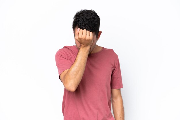 Young handsome man over isolated white background with headache