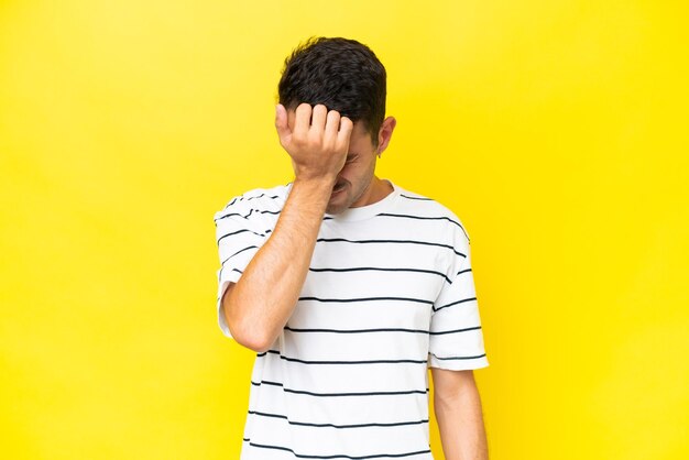 Young handsome man over isolated yellow background with headache