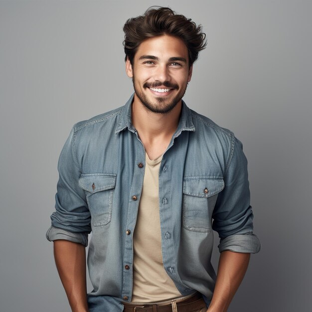 Young handsome man in jeans shirt keeping arms crossed white background