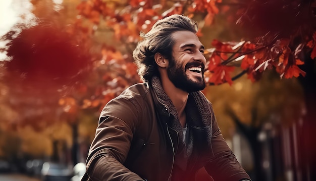 Young handsome man riding bicycle on autumn street