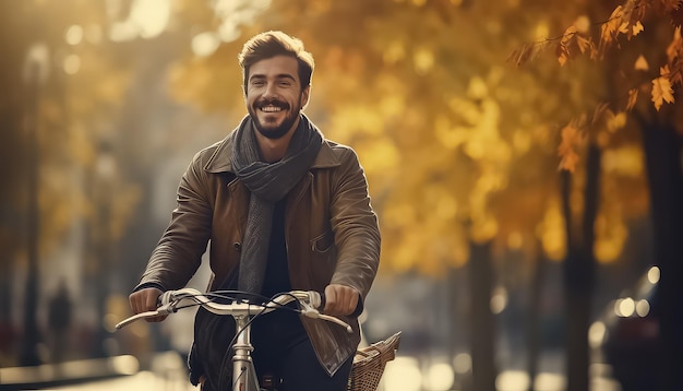 秋の街路で自転車に乗って若いハンサムな男