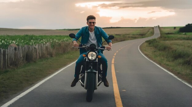 Молодой симпатичный мужчина едет на мотоцикле по сельской дороге