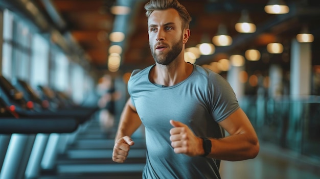 Young handsome man running on a treadmill in the gym