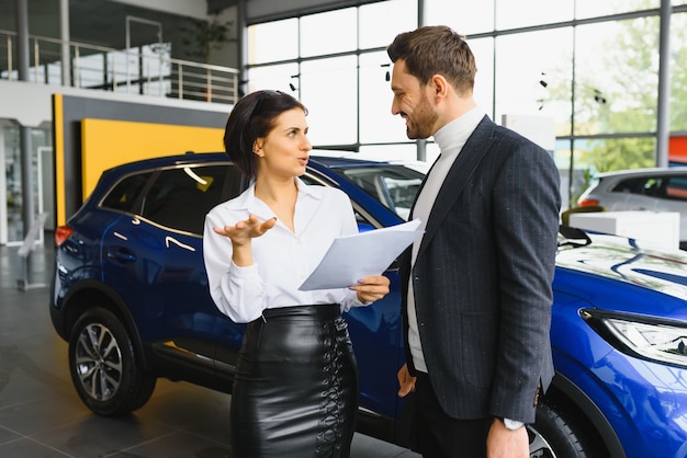 車の近くに立っているショールームで若いハンサムな男