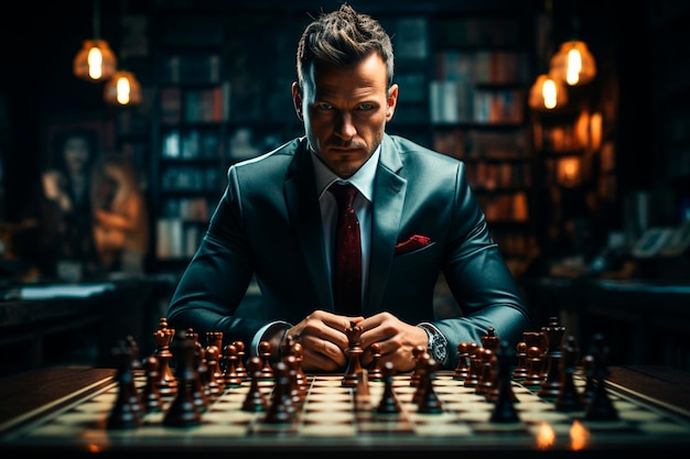 Молодой красивый мужчина сидит на шахматной доске и шахматных фигурах в комнате