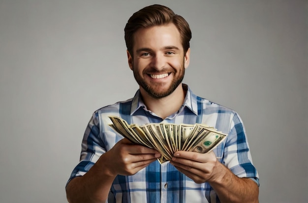 Young handsome man smiling happy holding charity jar with money at home