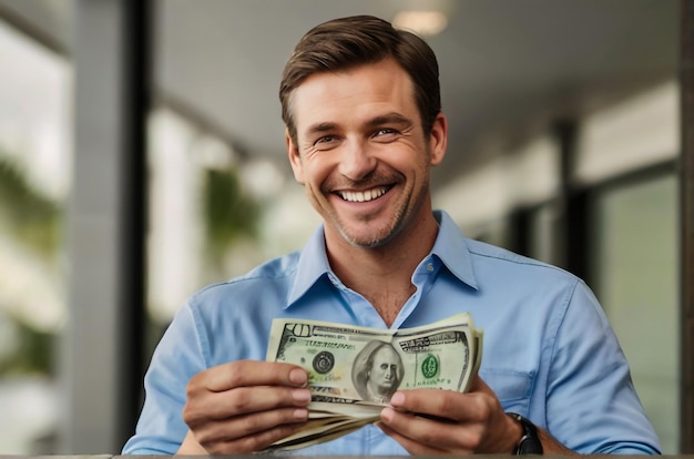 Young handsome man smiling happy holding charity jar with money at home