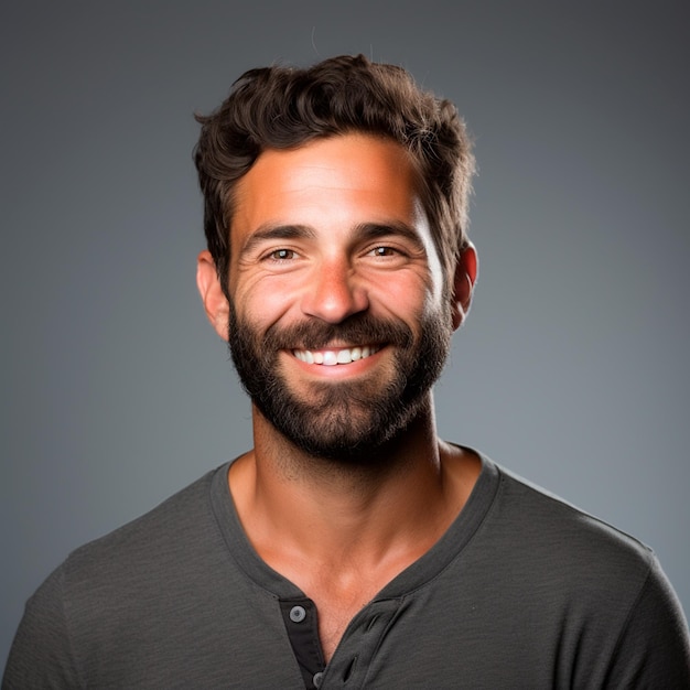 Photo young handsome man smiling with dark beard and dark hair