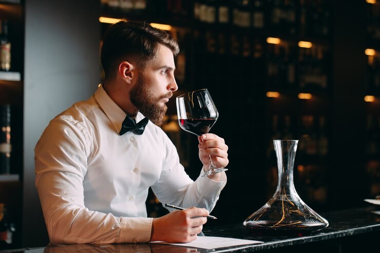 Photo young handsome man sommelier tasting red wine in cellar 