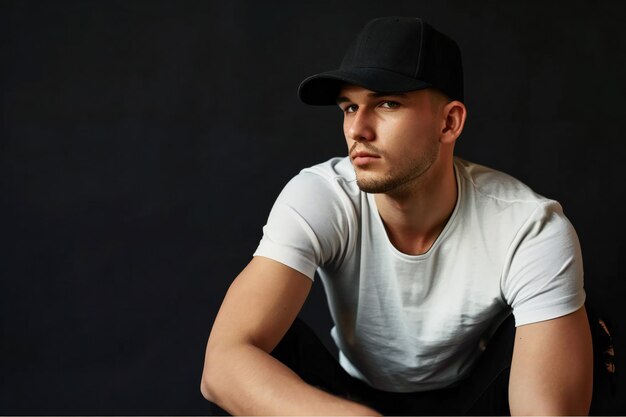 Photo young handsome man wearing a cap on a black background