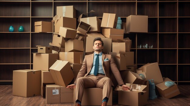 young handsome man wearing cardboard boxes