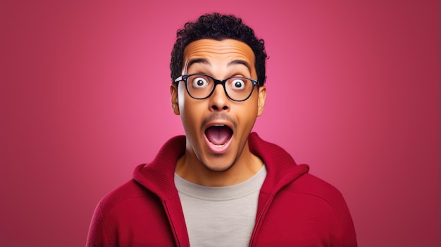 Young handsome man wearing casual clothes shocked with surprise and amazed expression on red background