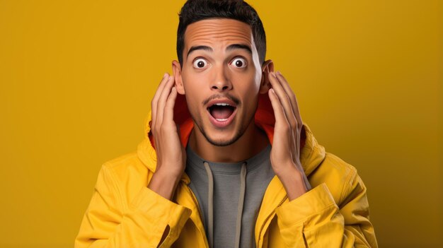 Young handsome man wearing casual clothes shocked with surprise and amazed expression on yellow background