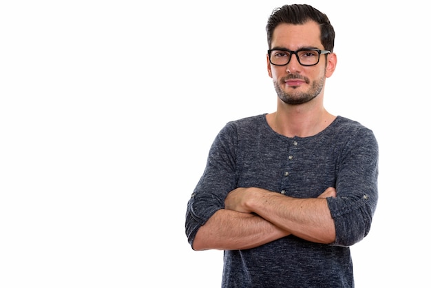  young handsome man wearing eyeglasses with arms crossed