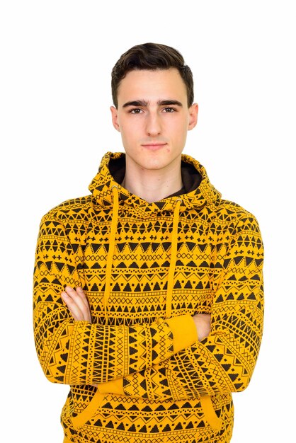 young handsome man wearing hoodie isolated on white