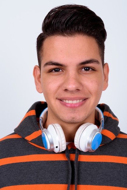 young handsome man wearing hoodie on white