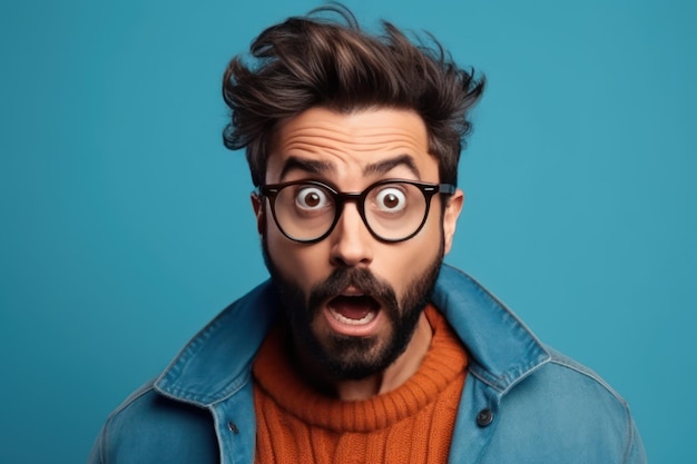 Young handsome man with beard wearing casual sweater and glasses over blue background afraid and shocked with surprise and amazed expression fear and excited face