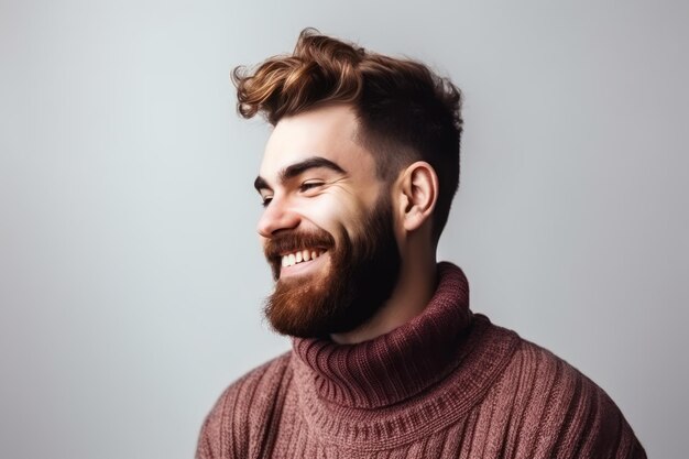 Молодой красивый мужчина с бородой в повседневном свитере стоит на белом фоне и смотрит в сторону с улыбкой на лице, естественным выражением лица и уверенным смехом