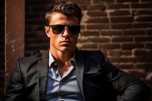молодой и красивый мужчина с уверенным в себе поведением сидит на освещенной солнцем кирпичной стене в стильных солнцезащитных очках