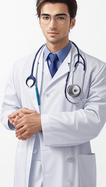 Young handsome physician in a medical robe with stethoscope