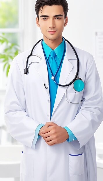 Young handsome physician in a medical robe with stethoscope