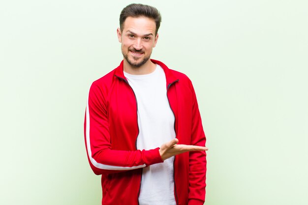 Young handsome sports man or monitor smiling cheerfully, feeling happy and showing a concept in copy space with palm of hand against flat wall